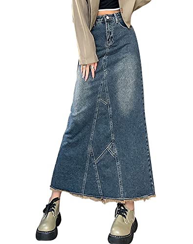 Kisswow Damen Casual Denim Rock Ausgefranster Saum Jeansrock Lange Röcke für Frauen, S-a Line 01 blau, Groß von Kisswow