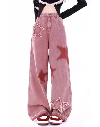 Kisswow Damen Jeans Y2k Jeans Star Jeans Hohe Taille Cargo Hose Frauen Stern Hosen Niedliche Jeans für Frauen, Pentagramm 15 Rosa, X-Groß von Kisswow