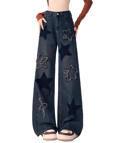 Kisswow Damen Jeans Y2k Jeans Star Jeans Hohe Taille Cargo Hose Frauen Stern Hosen Niedliche Jeans für Frauen, Pentagramm 18 Blau, X-Groß Kisswow Damen Jeans Y2k Jeans Star Jeans Hohe Taille Cargo Hose Frauen Stern Hosen Niedliche Jeans für Frauen, Pentagramm 18 Blau, X-Groß von Kisswow