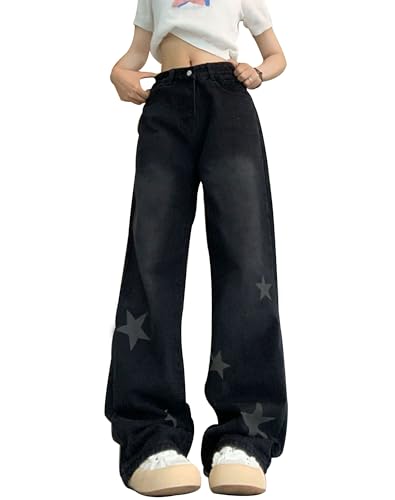 Kisswow Damen Y2k Jeans Hohe Taille Cargo Hose Frauen Stern Hosen Niedliche Pentagramm 17 Schwarz, M von Kisswow