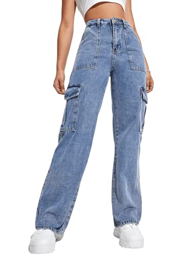 Kisswow Frauen Hohe Taille Gerade Bein Jeans Cargo Hosen Schräge Tasche Denim Hosen Mädchen Mode, Linien 02 Hellblau, S von Kisswow