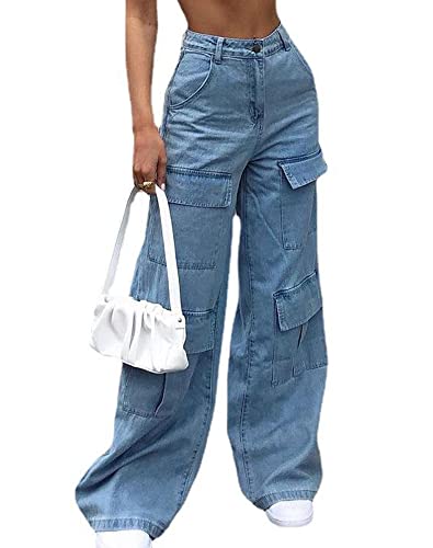 Kisswow Frauen Hohe Taille Gerade Bein Jeans Cargo Hosen Schräge Tasche Denim Hosen Mädchen Mode, Multi-Tasche 02 Blau, XX-Large von Kisswow