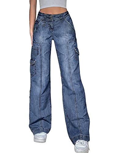 Kisswow Frauen Hohe Taille Gerade Bein Jeans Cargo Hosen Schräge Tasche Denim Hosen Mädchen Mode, Neu Unregelmäßige Taschen Blau, M von Kisswow