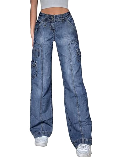 Kisswow Jeans mit geradem Bein, Cargohose für Damen, elastische Taille, Denim-Hose für Mädchen, Unregelmäßige Taschen, Blau, M von Kisswow