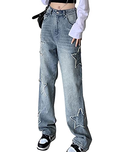 Kisswow Frauen Hohe Taille Gerade Bein Jeans Cargo Hosen Schräge Tasche Denim Hosen Mädchen Mode, Pentagramm 06 Blau, S von Kisswow