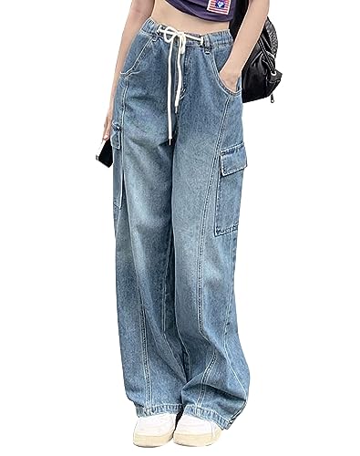 Kisswow Frauen Hohe Taille Gerade Bein Jeans Cargo Hosen Schräge Tasche Denim Hosen Mädchen Mode, Solid 03 Blau, Groß von Kisswow