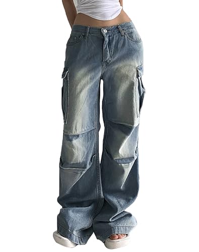 Kisswow Frauen Hohe Taille Gerade Bein Jeans Cargo Hosen Schräge Tasche Denim Hosen Mädchen Mode, Solid 05 Blau, S von Kisswow