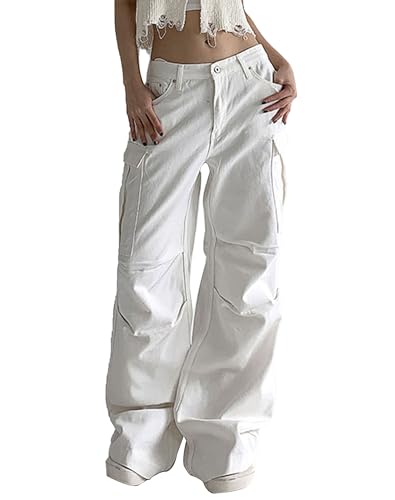Kisswow Frauen Hohe Taille Gerade Bein Jeans Cargo Hosen Schräge Tasche Denim Hosen Mädchen Mode, Solid 05 Weiß, M von Kisswow