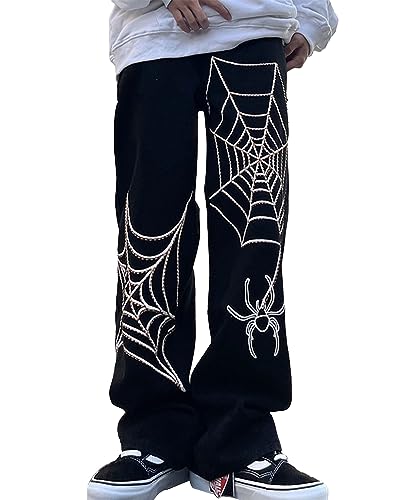 Kisswow Frauen Hohe Taille Gerade Bein Jeans Cargo Hosen Schräge Tasche Denim Hosen Mädchen Mode, Spider Web 01 Schwarz, X-Groß von Kisswow