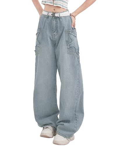 Kisswow Star Jeans Cyber Y2k Cargohose für Damen, Sternenhose, süße Jeans für Teenager, Pentagramm 13 Blau mit Gürtel, XX-Large Kisswow Star Jeans Cyber Y2k Cargohose für Damen, Sternenhose, süße Jeans für Teenager, Pentagramm 13 Blau mit Gürtel, XX-Large von Kisswow
