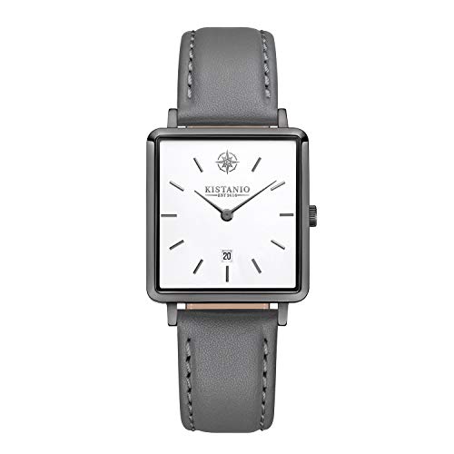 Kistanio Carré Damenuhr mit Lederband Datum Edelstahl Gunmetal Saphirglas GM-WH-L-GR von Kistanio