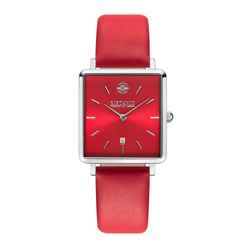 Kistanio Carre Damenuhr mit Lederband Datum Edelstahl Rot Saphirglas CAR-SI-RTS-L-RTN von Kistanio