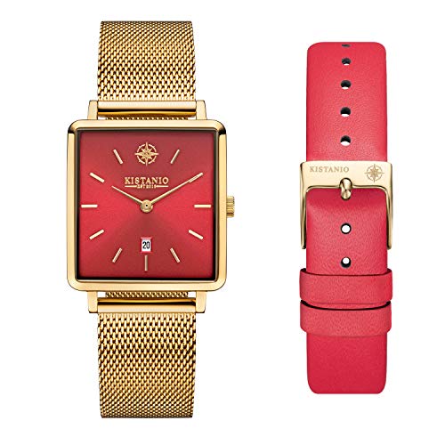 Kistanio Carre Damenuhr mit Saphirglas und Milanaiseband + Extra Lederband GO-RTS-M-L-RTN von Kistanio