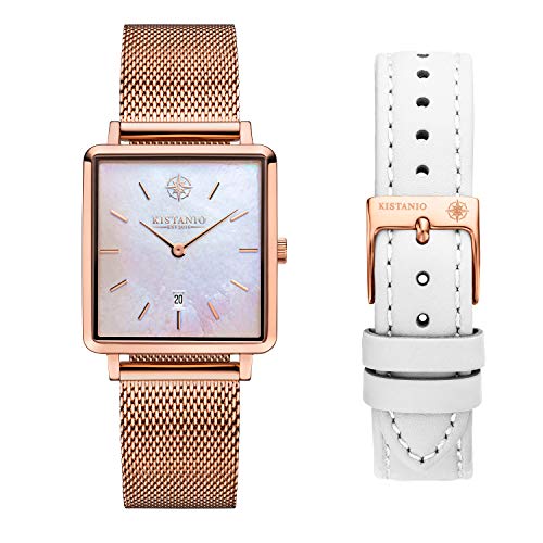 Kistanio Carre Damenuhr mit Saphirglas und Milanaiseband + Extra Lederband RG-PM-M-L-WH von Kistanio