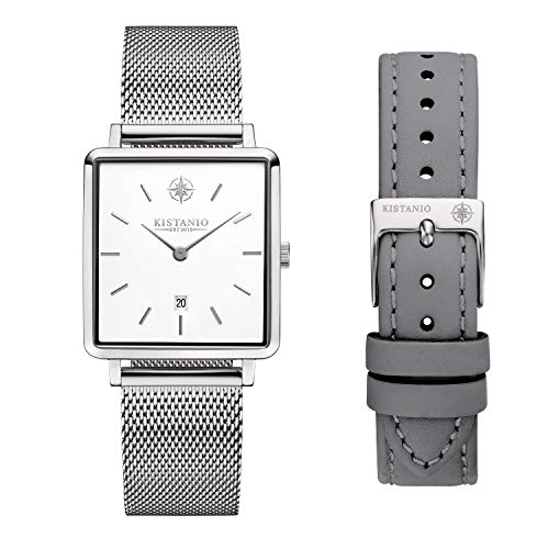 Kistanio Carre Damenuhr mit Saphirglas und Milanaiseband + Extra Lederband SI-WH-M-L-GR von Kistanio