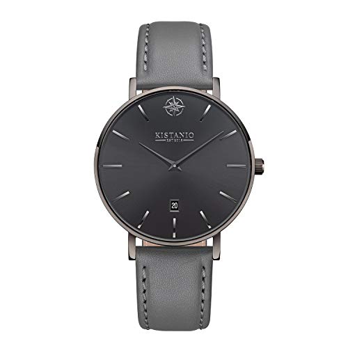 Kistanio Damenuhr Moyen Gun Metal Edelstahl Saphirglas mit grauem Lederband GM-GMS-L-GR von Kistanio