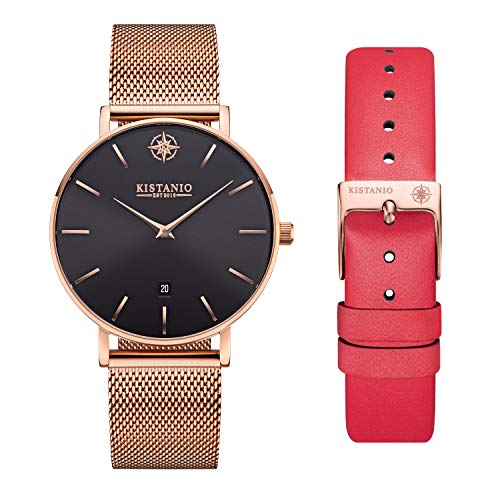 Kistanio Moyen Damenuhr mit Saphirglas und Milanaiseband + Extra Lederband RG-BLKS-M-L-RTN von Kistanio