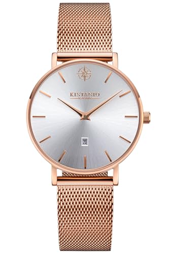 Kistanio Petit Damenuhr mit Milanaiseband Datum Edelstahl Rose Silberfarben Saphirglas RG-SI-M von Kistanio