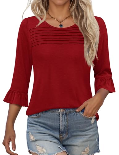 Kistore Damen Blusen 3/4 Arm Frühling Rundhals Oberteile Lässige Falten Rüschenärmel Women's T-Shirts Rote S von Kistore