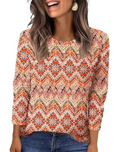 Kistore Blusenshirt Damen Business Lässig Langarm Bluse Elegante Bequeme Kleidung für Frauen Arbeit Leicht Drucken Oberteile Mode Herbst Rundhals Falten Tunika Langarmshirt (Orangeroter Diamant,M) von Kistore
