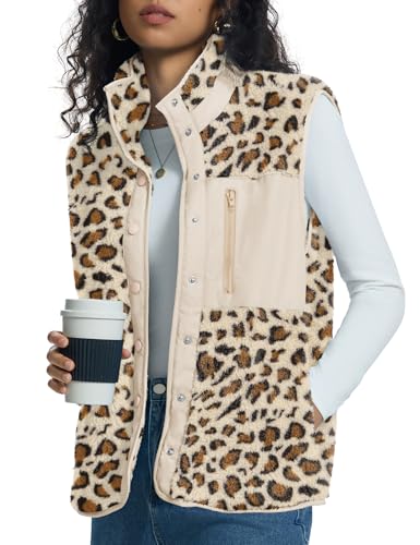 Kistore Damen-Westen Teddy-Fleece Daunenjacke Lang Teddy Fleece Herbstjacken Damen Mantel mit Stehkragen(Leopard,L) von Kistore