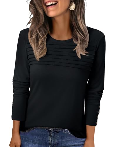 Kistore Langarmshirt Damen 2025 Mode Rundhalsausschnitt Sweatshirt Elegant Falten Basic Lang Tshirt Ladies Bluse Schwarz M von Kistore