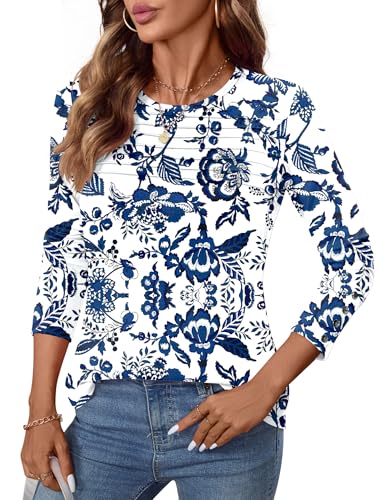 Kistore Langarmshirt Damen Tshirt Rundhals Langarm Lässig Bluse Mit Falten Basic Top Mode Bequemes Drucken Tunika Ladies L von Kistore