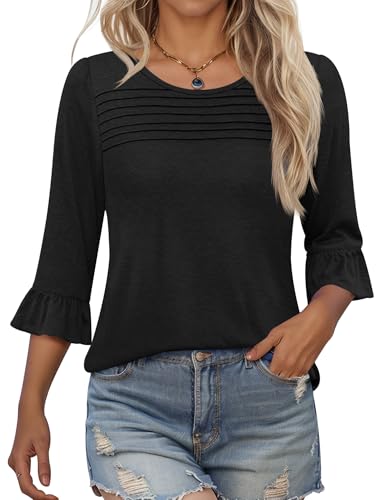 Kistore Shirt Damen 3/4 Ärmel Sommer Modern Lässige Rundhals Blusen 2025 Fashion Rüschenbluse Tunika Tops Schwarz M von Kistore