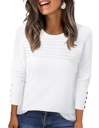 Kistore Shirt Langarm Damen Herbst Tunika Einfarbig Bluse Top Süß Oberteile Fließend Elegant Rundhals Frühling Winter T Shirt Lässig Lockere Outfits Kleidung 2025 (Weiß,L) von Kistore