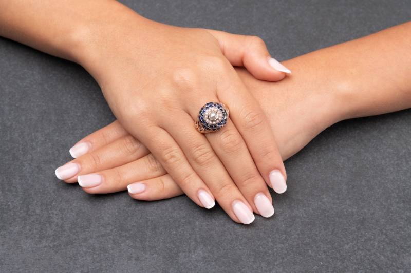 14K Saphir Und Diamanten Runder Cocktail Ring - Rose Gold Perle Vintage Edelstein Schmuck von KisufimJewelry