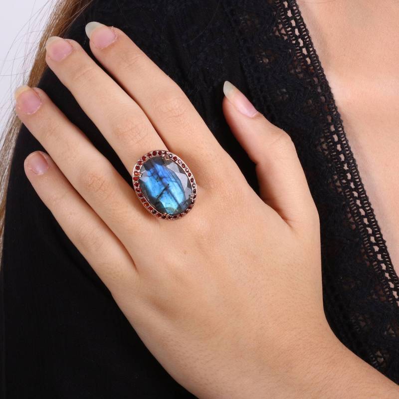 Großer Labradorit Ring - Statement Edelstein Ovaler Rose Gold Cocktail Brauner Und Roter Vintage von KisufimJewelry