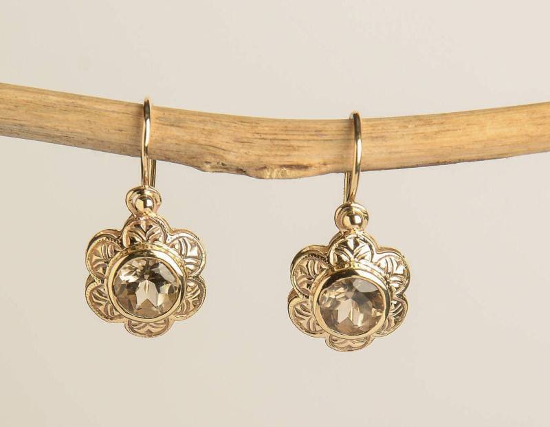 Rauchtopas Ohrringe - Goldene Blumen Mit Rundem in 14K Gelbgold Braune Geburtsstein von KisufimJewelry