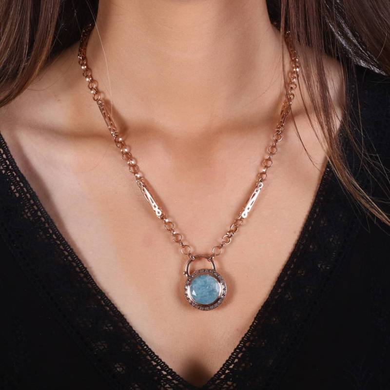Rundes Aquamarin Und Diamanten Blaues Vorhängeschloss - Großes Vintage Gold Rose Rundes Aquamarin Und Diamanten Blaues Vorhängeschloss - Großes Vintage Gold Rose von KisufimJewelry