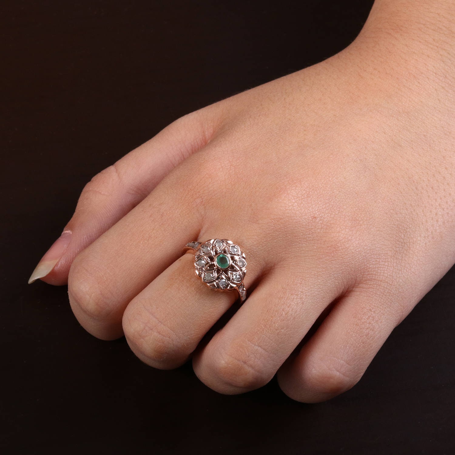 Smaragd Und Diamant Ring - Rose Gold Edelstein Schmuck Blume Schliff Diamanten Verlobungsring Grau von KisufimJewelry