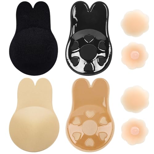 Kisvic Klebe BH Push up, 2 Stück Rückenfrei Trägerloser BH mit 4 Nippelpads, Wiederverwendbare Unsichtbarer Klebebh, Backless Selbstklebender BH für Alle Rückenfreie Kleidung (Schwarz+Nude, A) von Kisvic