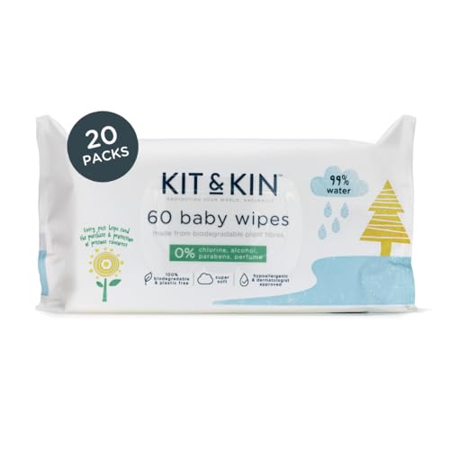 Kit & Kin Premium Eco Feuchttücher für Babys, 1200 Tücher (20 Packungen), plastikfrei und superweich, 99 % Wasser, biologisch abbaubar, hypoallergen und dermatologisch zugelassen, parfümfrei von Kit & Kin
