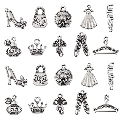 KitBeads 100 Stück tibetische Frau Charms Vintage Kleid Handtasche Parfüm Charms Mixed Style High Heel Regenschirm Damen Charms für Schmuckherstellung von KitBeads