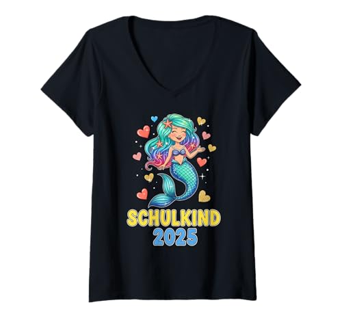 Damen Schulkind 2025 Mädchen Einschulung Meerjungfrau Herzchen T-Shirt mit V-Ausschnitt von Kitaabgänger 2025 Erstklässlerin Schulmädchen