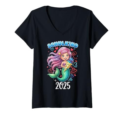 Damen Schulkind 2025 Mädchen Einschulung Meerjungfrau Herzchen T-Shirt mit V-Ausschnitt von Kitaabgänger 2025 Erstklässlerin Schulmädchen