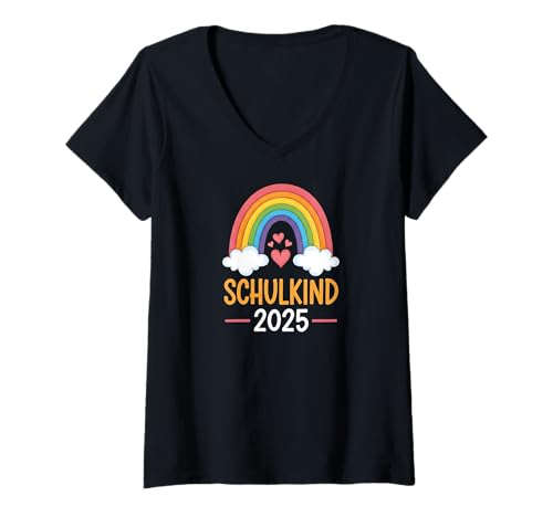 Damen Schulkind 2025 Mädchen Einschulung Regenbogen Herzchen T-Shirt mit V-Ausschnitt von Kitaabgänger 2025 Erstklässlerin Schulmädchen