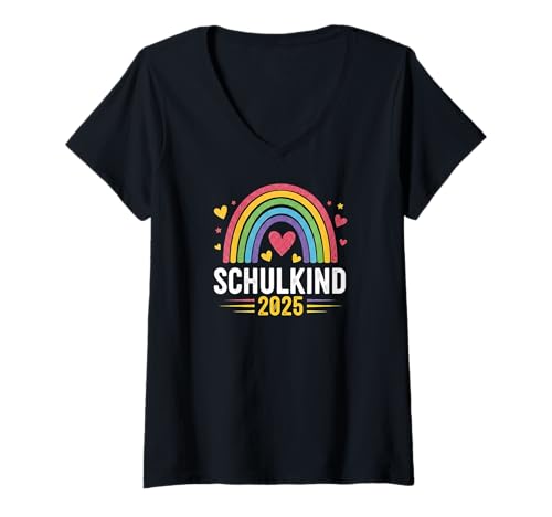 Damen Schulkind 2025 Mädchen Einschulung Regenbogen Herzchen T-Shirt mit V-Ausschnitt von Kitaabgänger 2025 Erstklässlerin Schulmädchen