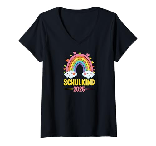 Damen Schulkind 2025 Mädchen Einschulung Regenbogen Herzchen T-Shirt mit V-Ausschnitt von Kitaabgänger 2025 Erstklässlerin Schulmädchen