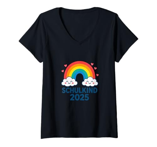 Damen Schulkind 2025 Mädchen Einschulung Regenbogen Herzchen T-Shirt mit V-Ausschnitt von Kitaabgänger 2025 Erstklässlerin Schulmädchen