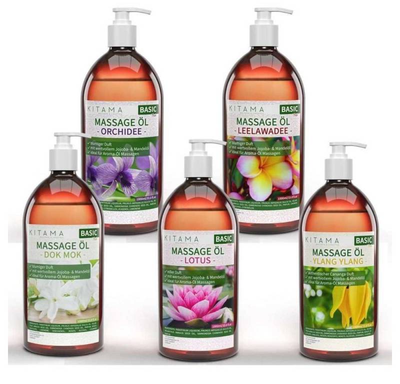 Kitama Massageöl mit Aroma Set, 5 Düfte: Lotus Orchidee Dok Mok Ylang Ylang Leelawadee 5 x 1000ml von Kitama