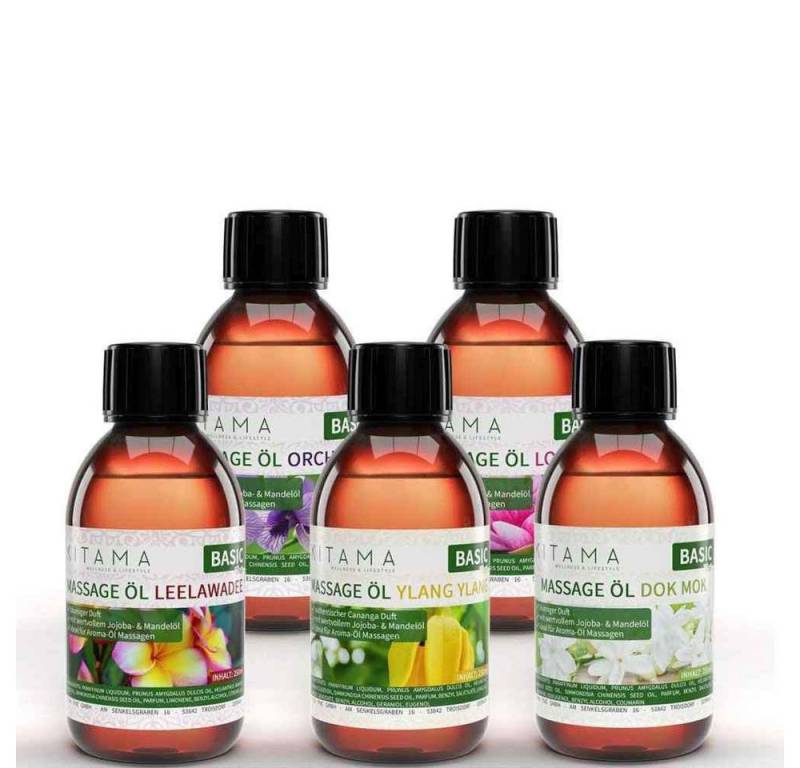 Kitama Massageöl mit Aroma Set, 5 Düfte: Lotus Orchidee Dok Mok Ylang Ylang Leelawadee 5 x 250ml von Kitama