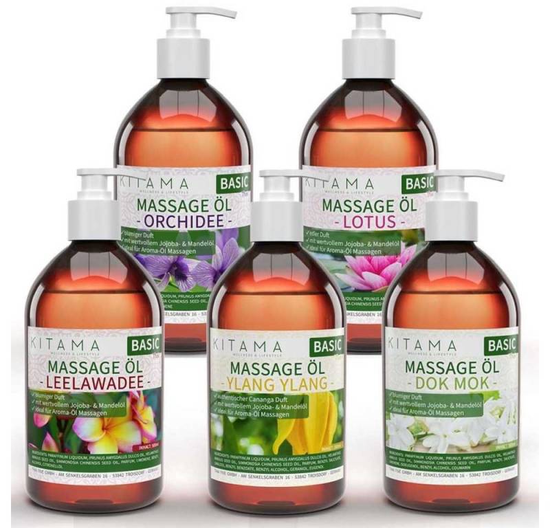 Kitama Massageöl mit Aroma Set, 5 Düfte: Lotus Orchidee Dok Mok Ylang Ylang Leelawadee 5 x 500ml von Kitama