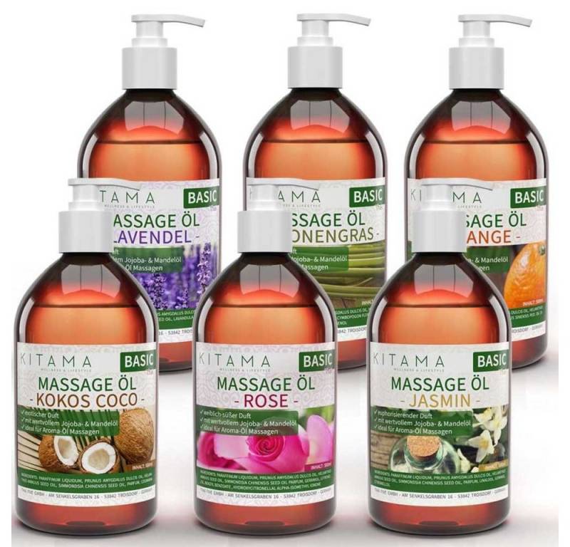 Kitama Massageöl mit Aroma Set, 6 Düfte: Jasmin Rose Orange Lavendel Kokos Zitronengras 6 x 500ml von Kitama