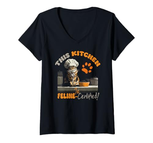 Damen This Kitchen is Feline-Certified T-Shirt mit V-Ausschnitt Damen This Kitchen is Feline-Certified T-Shirt mit V-Ausschnitt von Kitchen Feline-certified Cats Kitten Feline
