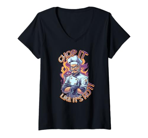 Damen Ernsthafter Koch, Cartoon-Kochmeister mit Flammen T-Shirt mit V-Ausschnitt Damen Ernsthafter Koch, Cartoon-Kochmeister mit Flammen T-Shirt mit V-Ausschnitt von Kitchen Warrior Culinary Flame Design