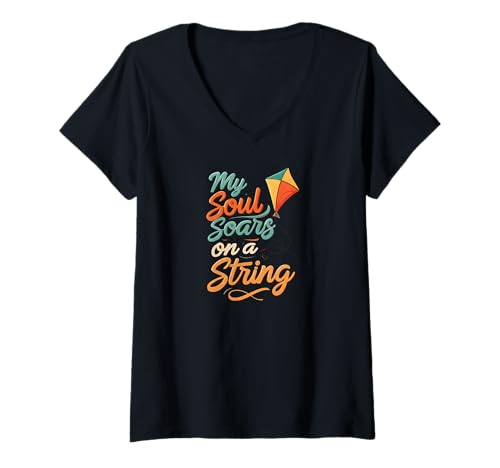 Damen Kite Soul Soars on a String Flying Design T-Shirt mit V-Ausschnitt Damen Kite Soul Soars on a String Flying Design T-Shirt mit V-Ausschnitt von Kite Flying Soul Apparel